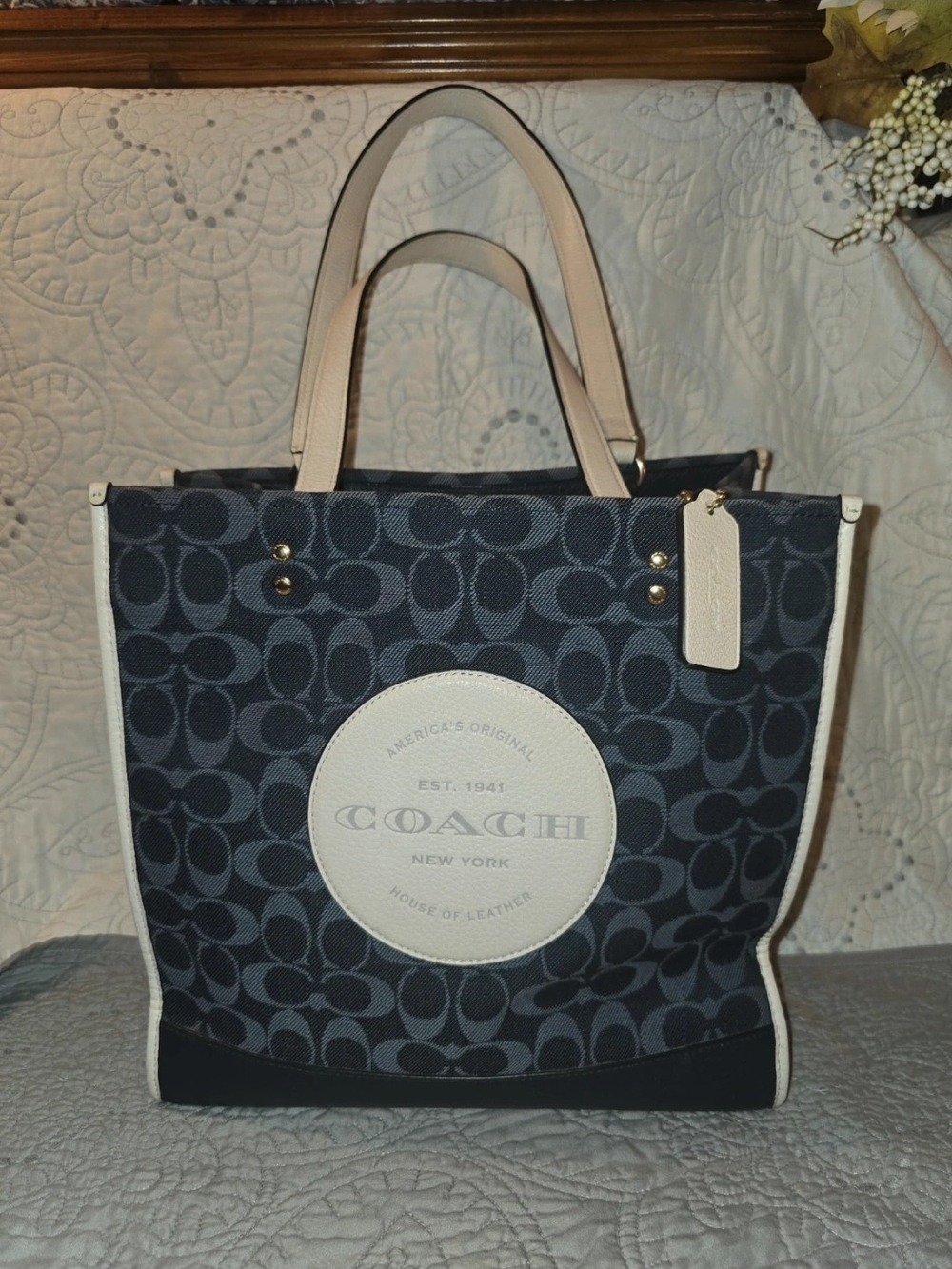 Coach Navy Signature Canvas Tote with Cream Trim